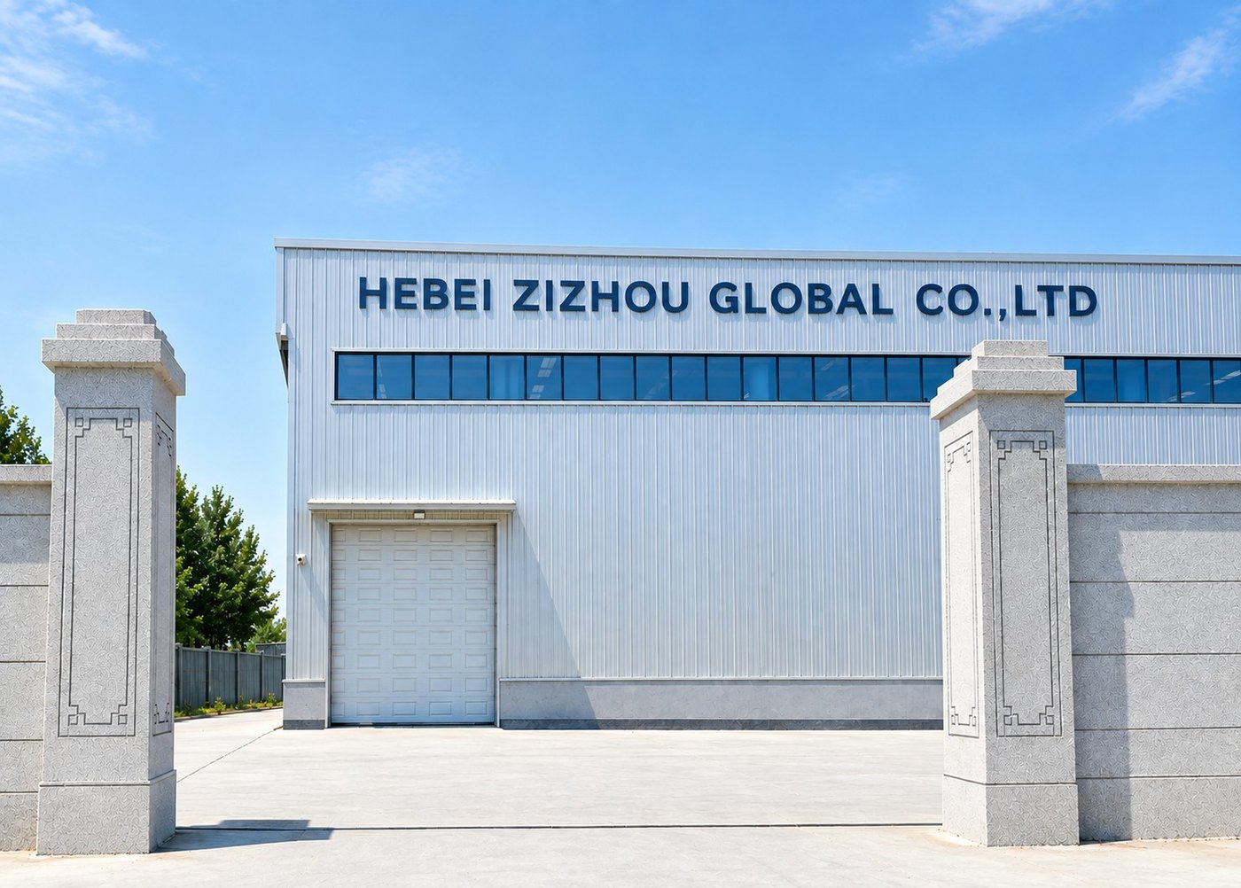 Hebei Zizhou Global's factory building in Hebei, China, with the company name sign above the entrance
