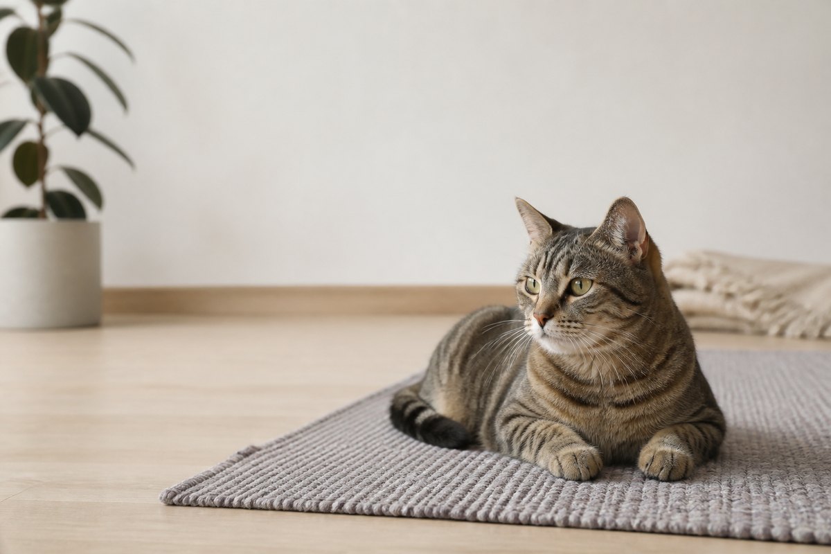 A cat resting on a rug in a bright modern home